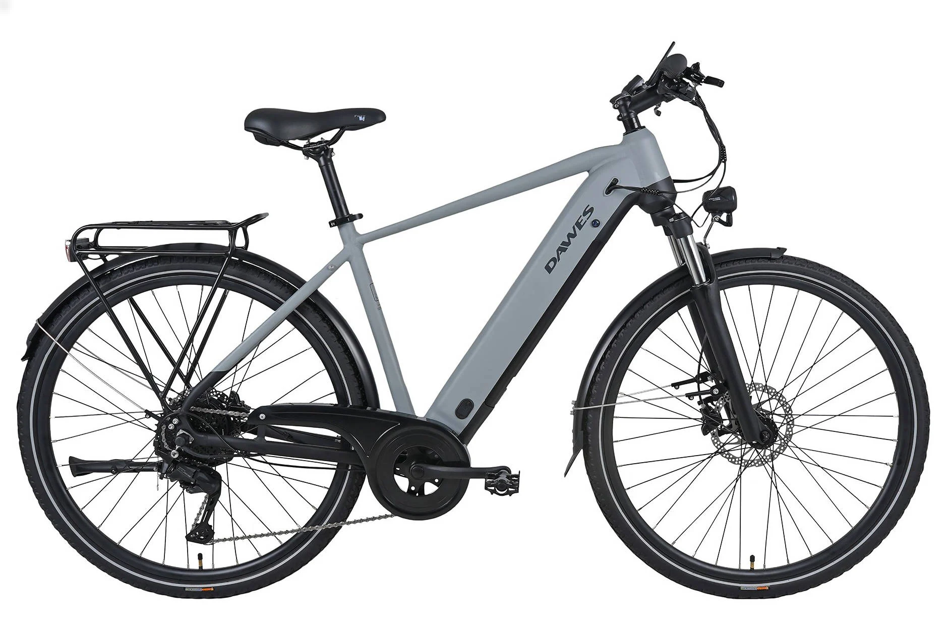 2025 Dawes Spire 2.0 Cues Crossbar Electric Bike With Hub Motor In Light Grey & Black
