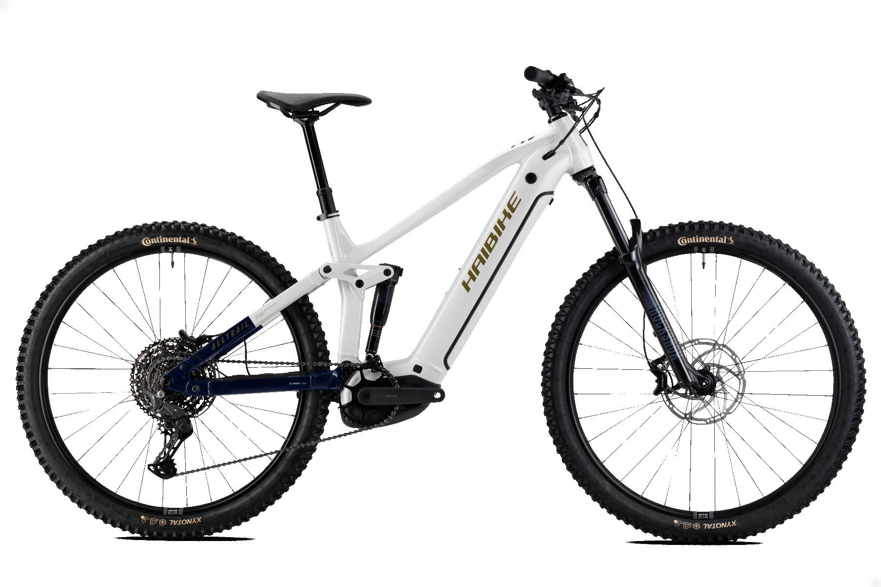 2025 Haibike AllTrail 8 High Electric Full Suspension Mountain Bike In White, Blue & Gold Gloss